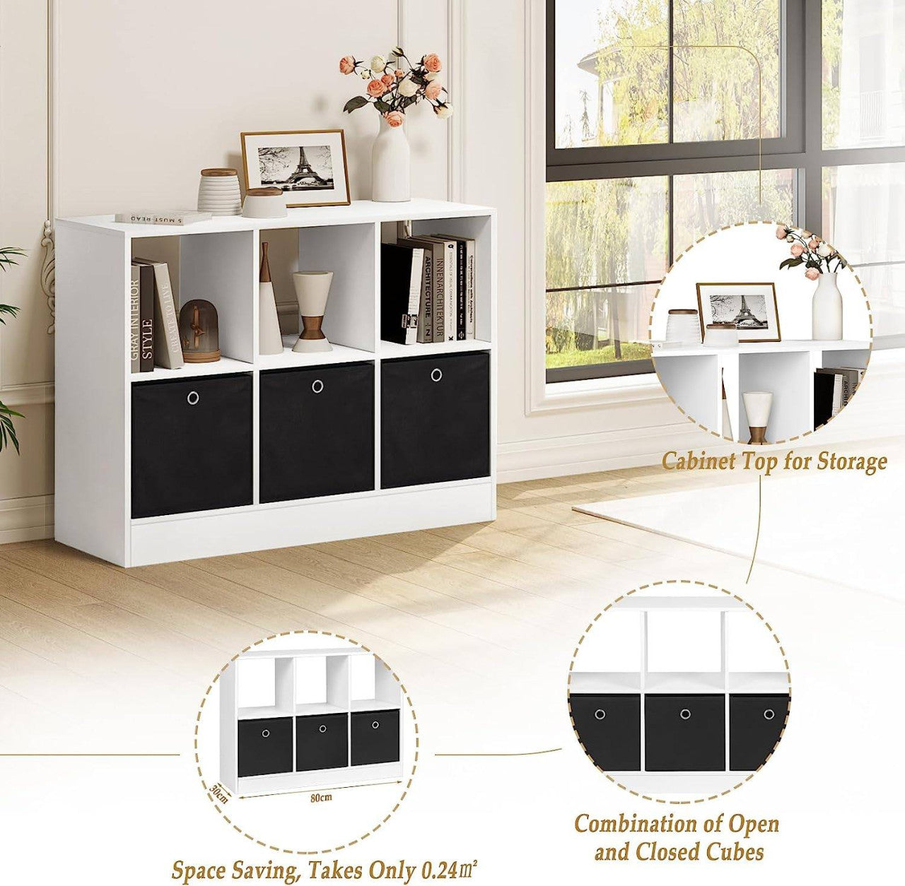 24goodz Stylish Bookcase with 3 Fabric Drawers - High Capacity - E1 Wood Material - For Home Organization - White - 80x60x30 cm