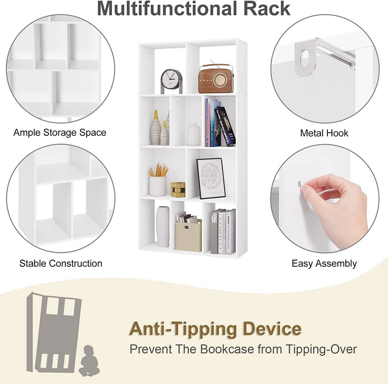 24goodz Bookcase with 4 Levels - Ample Storage Space - E1 Wood Material - For Home & Office - White - ws