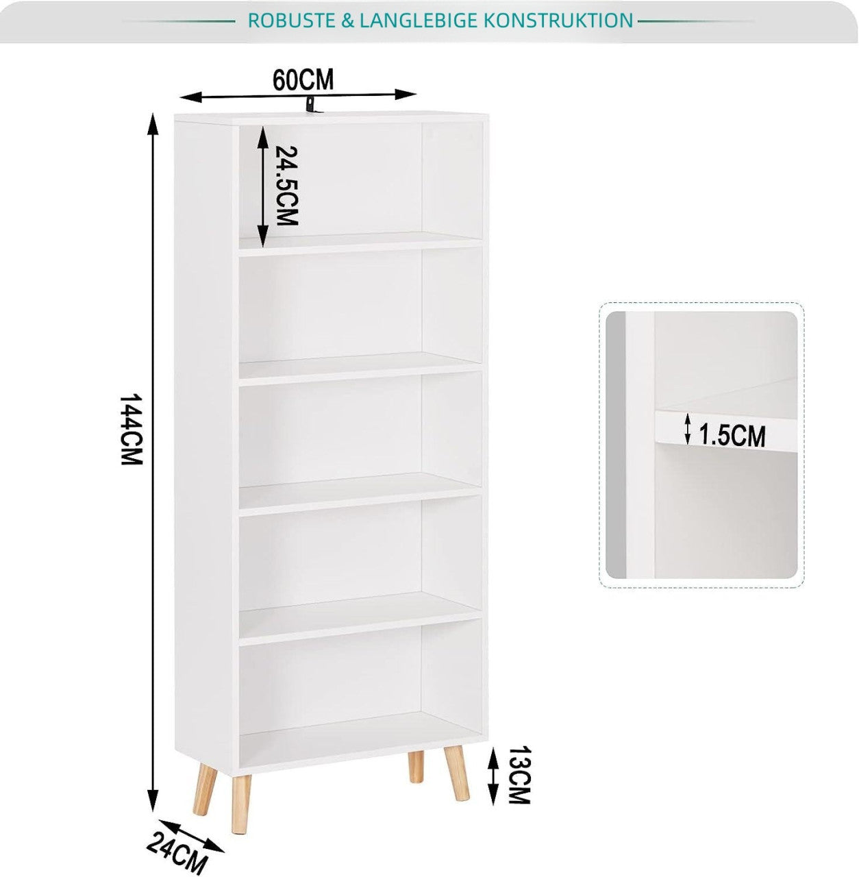 24goodz Bookcase with 5 Compartments - Durable and Stable Design - E1 Wood Material - White/Oak - ws