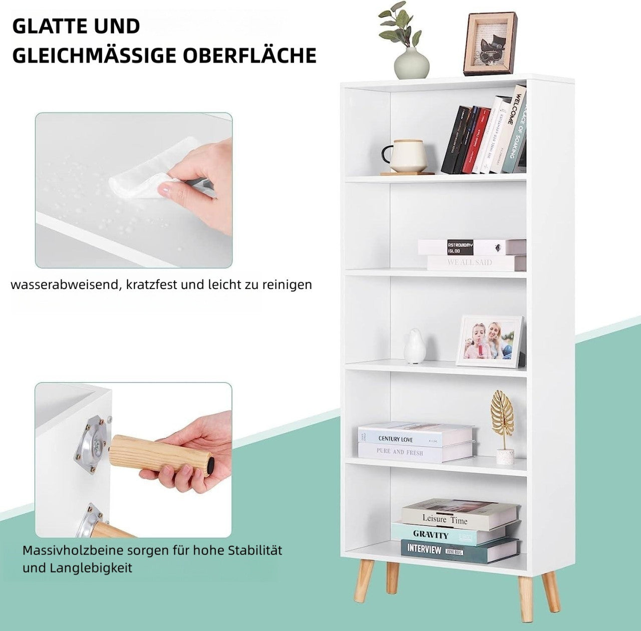 24goodz Bookcase with 5 Compartments - Durable and Stable Design - E1 Wood Material - White/Oak - ws