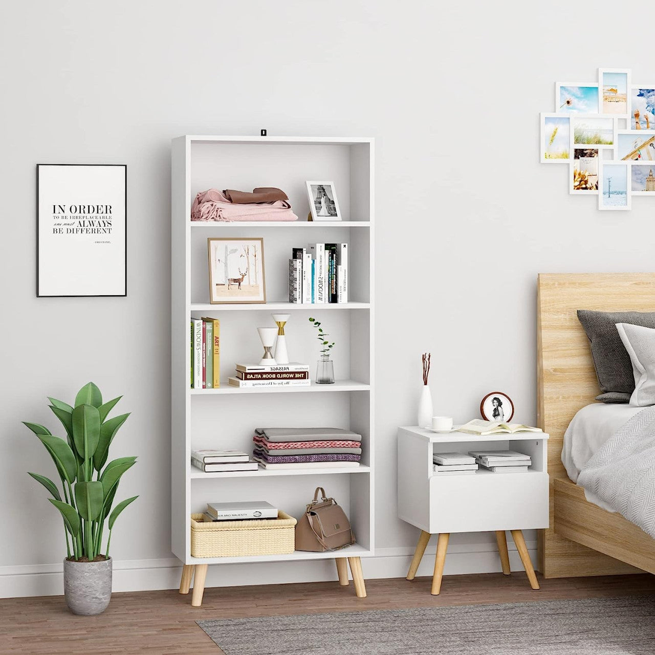 24goodz Bookcase with 5 Compartments - Durable and Stable Design - E1 Wood Material - White/Oak - ws