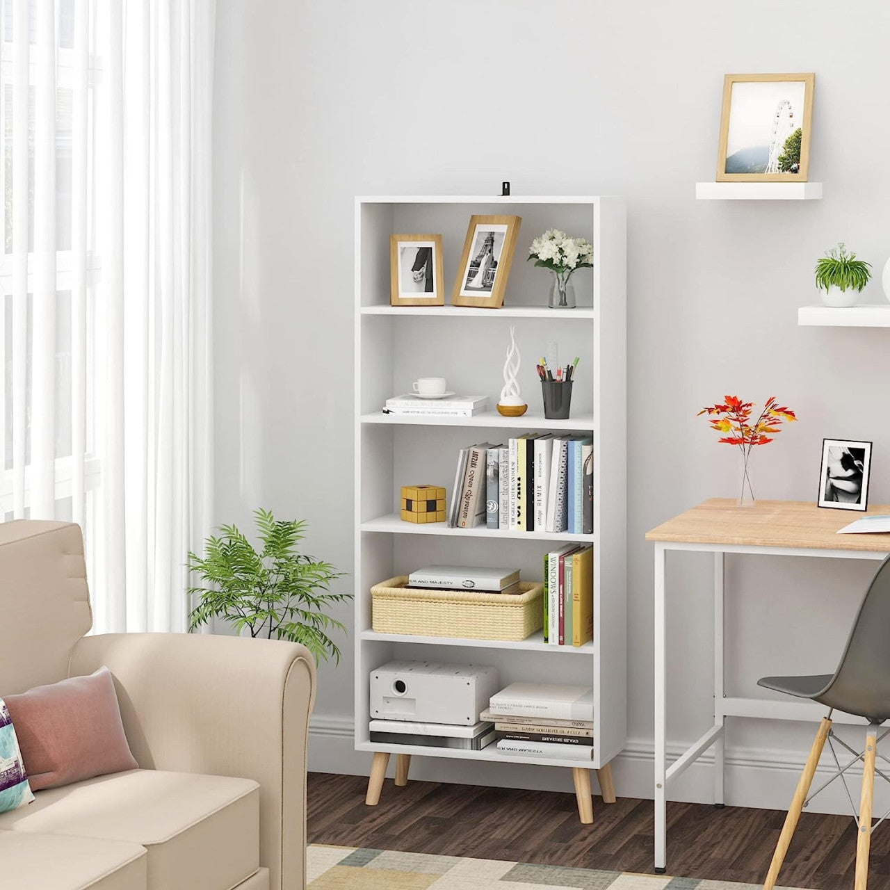 24goodz Bookcase with 5 Compartments - Durable and Stable Design - E1 Wood Material - White/Oak - ws
