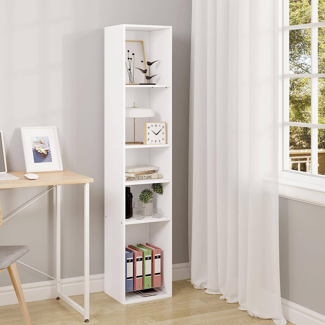 24goodz Open Bookshelf with 5 Cubes - Versatile Storage Solution - E1-Class Engineered Wood - For Home and Office - White Oak
