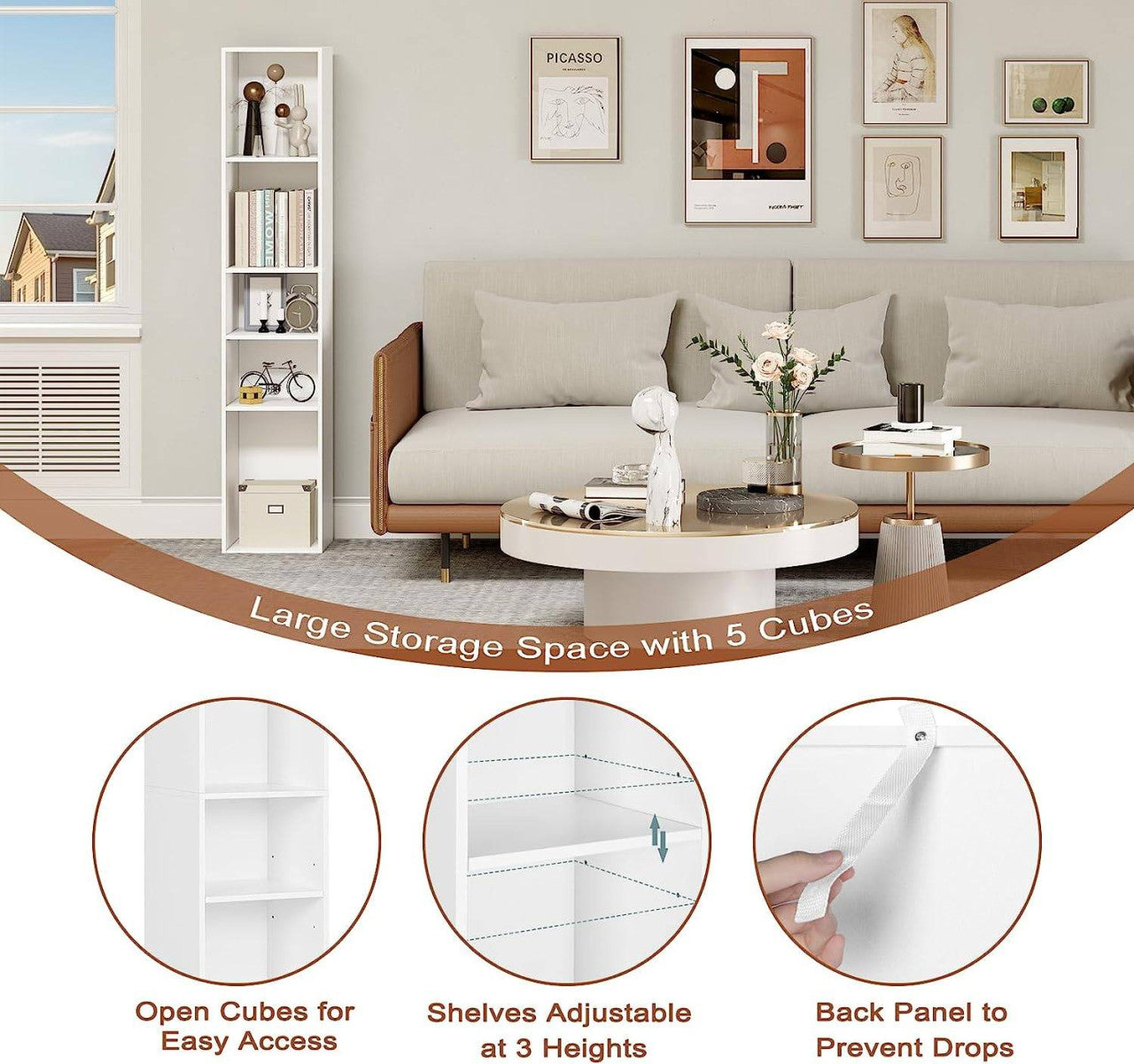 24goodz Open Bookshelf with 5 Cubes - Versatile Storage Solution - E1-Class Engineered Wood - For Home and Office - White Oak