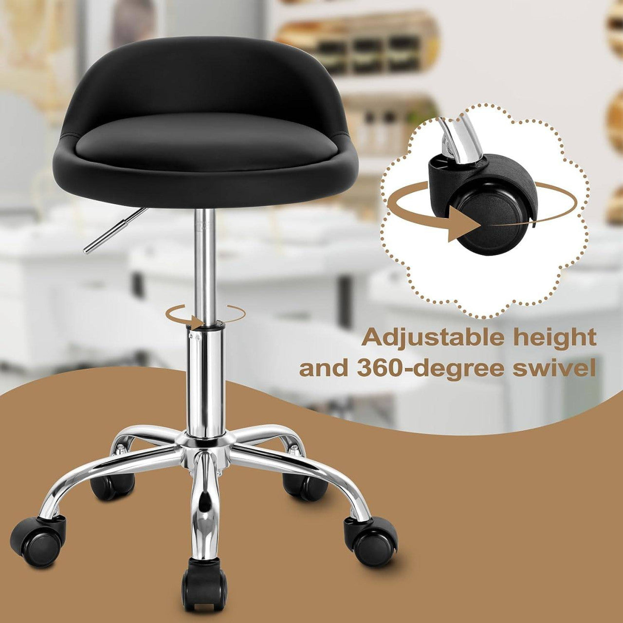 24goodz Adjustable Office Stool with Wheels - Stylish & Comfortable - Ergonomic Design - Faux Leather - Black