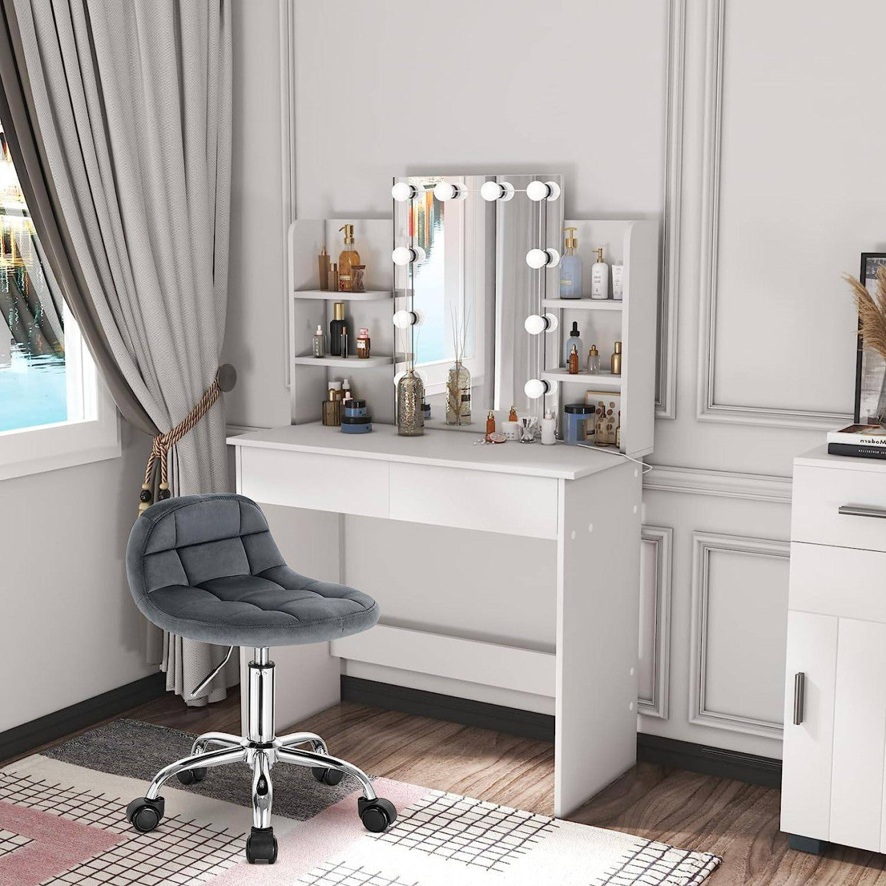24goodz Velvet Office Stool with Wheels - Stylish & Comfortable - Ergonomic Design - Velvet + Metal - Dark Grey