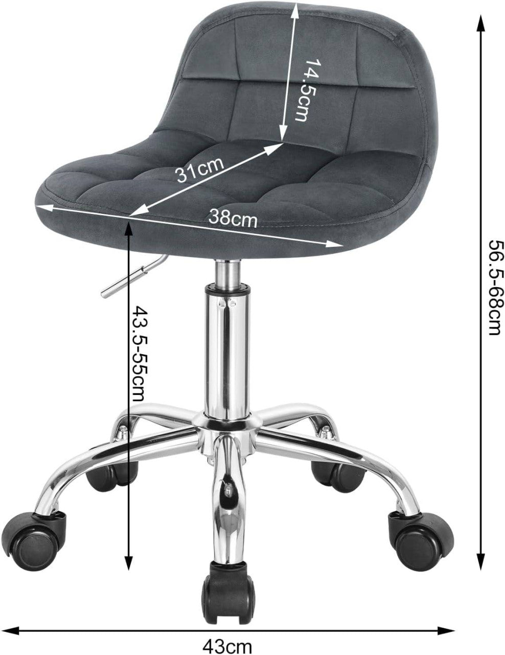 24goodz Velvet Office Stool with Wheels - Stylish & Comfortable - Ergonomic Design - Velvet + Metal - Dark Grey