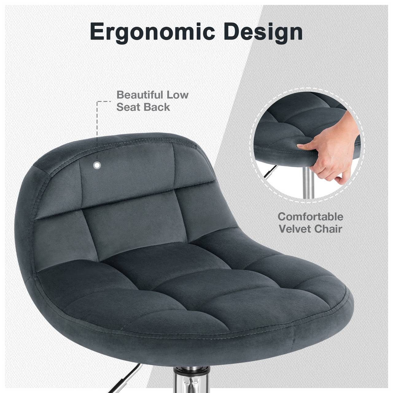 24goodz Velvet Office Stool with Wheels - Stylish & Comfortable - Ergonomic Design - Velvet + Metal - Dark Grey