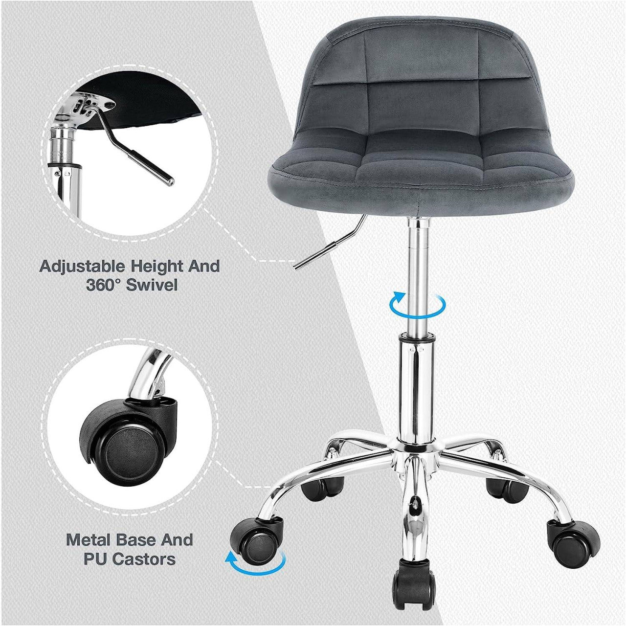 24goodz Velvet Office Stool with Wheels - Stylish & Comfortable - Ergonomic Design - Velvet + Metal - Dark Grey