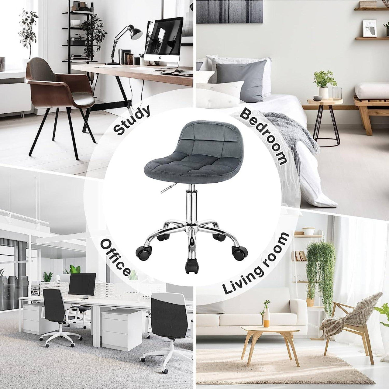 24goodz Velvet Office Stool with Wheels - Stylish & Comfortable - Ergonomic Design - Velvet + Metal - Dark Grey