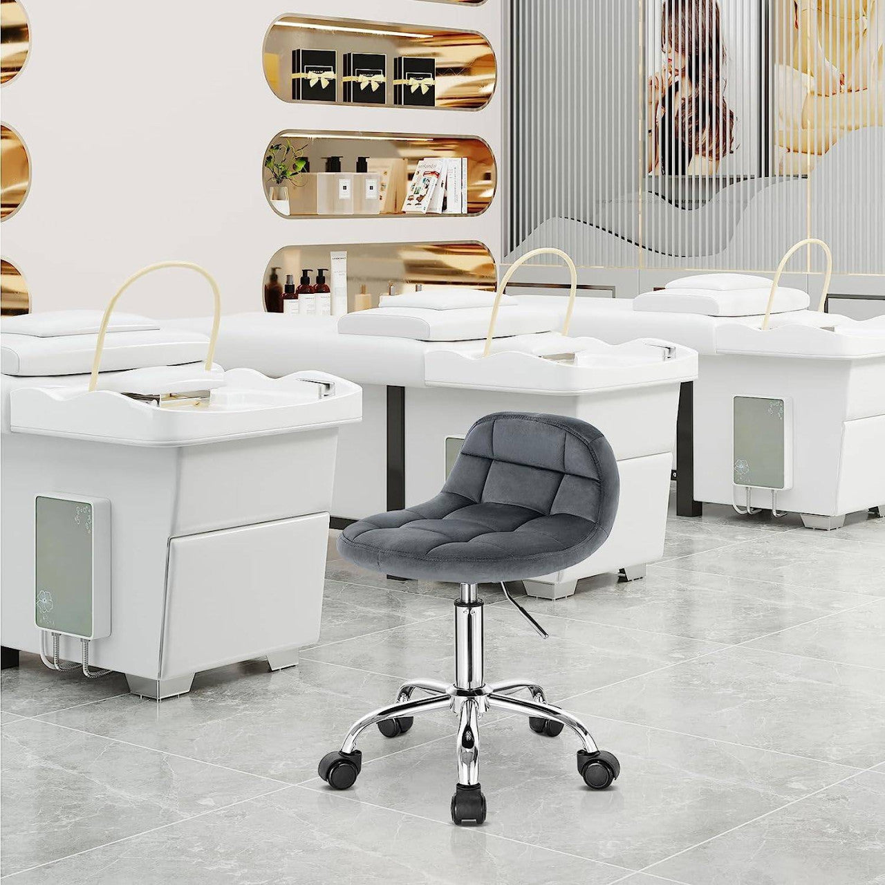 24goodz Velvet Office Stool with Wheels - Stylish & Comfortable - Ergonomic Design - Velvet + Metal - Dark Grey