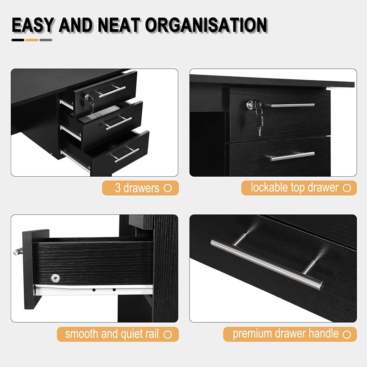 24goodz Office Desk with 3 Drawers and Lock - Sturdy and Stylish - Wood - For Home and Office - Black - 120x60x75cm - sz