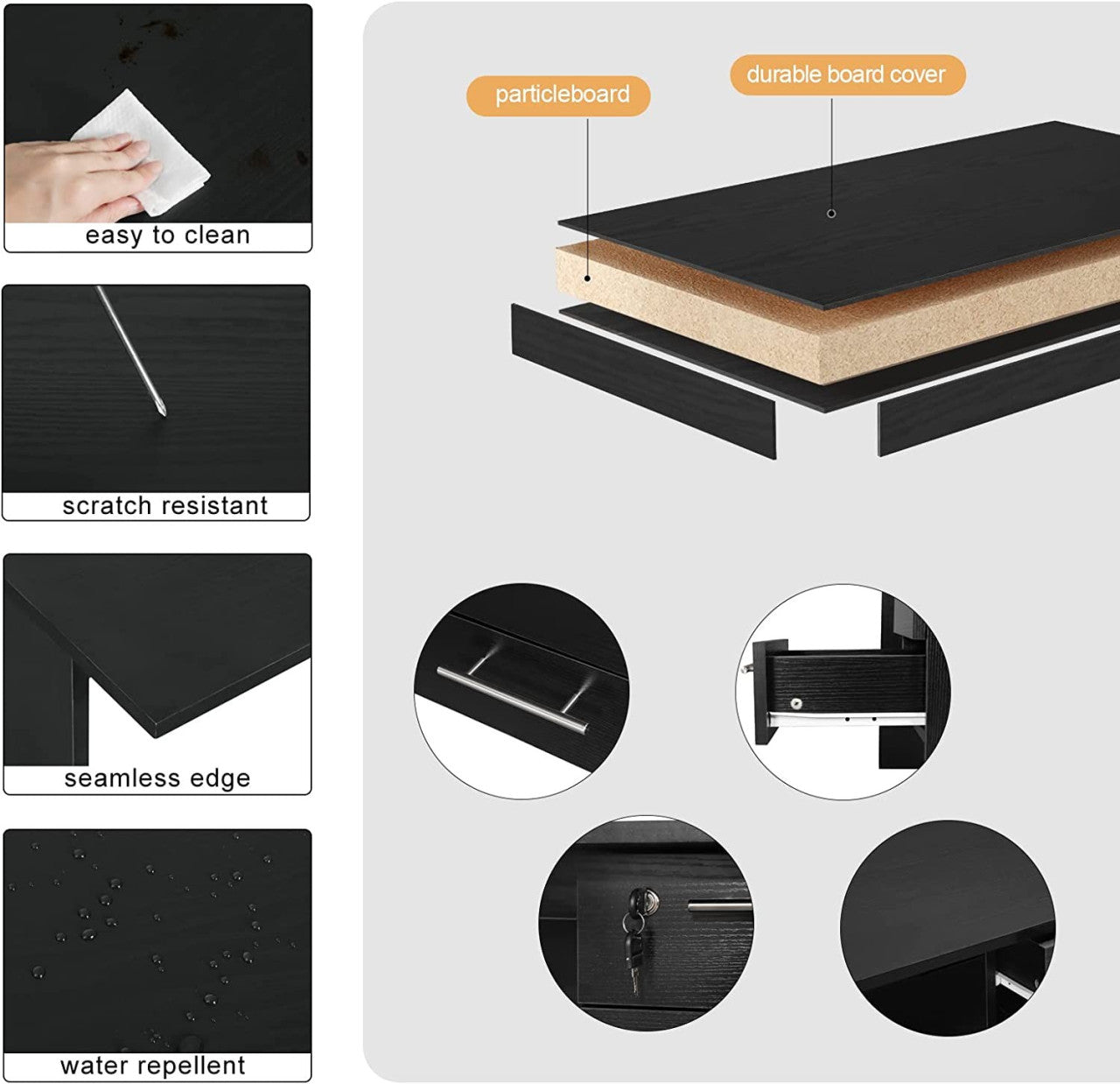 24goodz Office Desk with 3 Drawers and Lock - Sturdy and Stylish - Wood - For Home and Office - Black - 120x60x75cm - sz