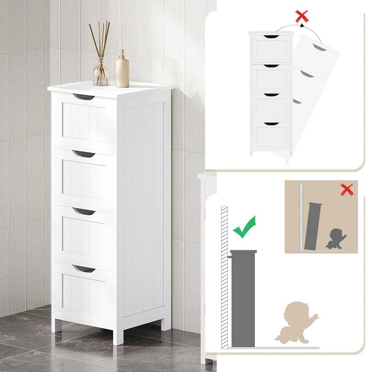 24goodz Bathroom Cabinet - Versatile Use - Eco-Friendly Bamboo and MDF - 30x82x30 cm - White - ws