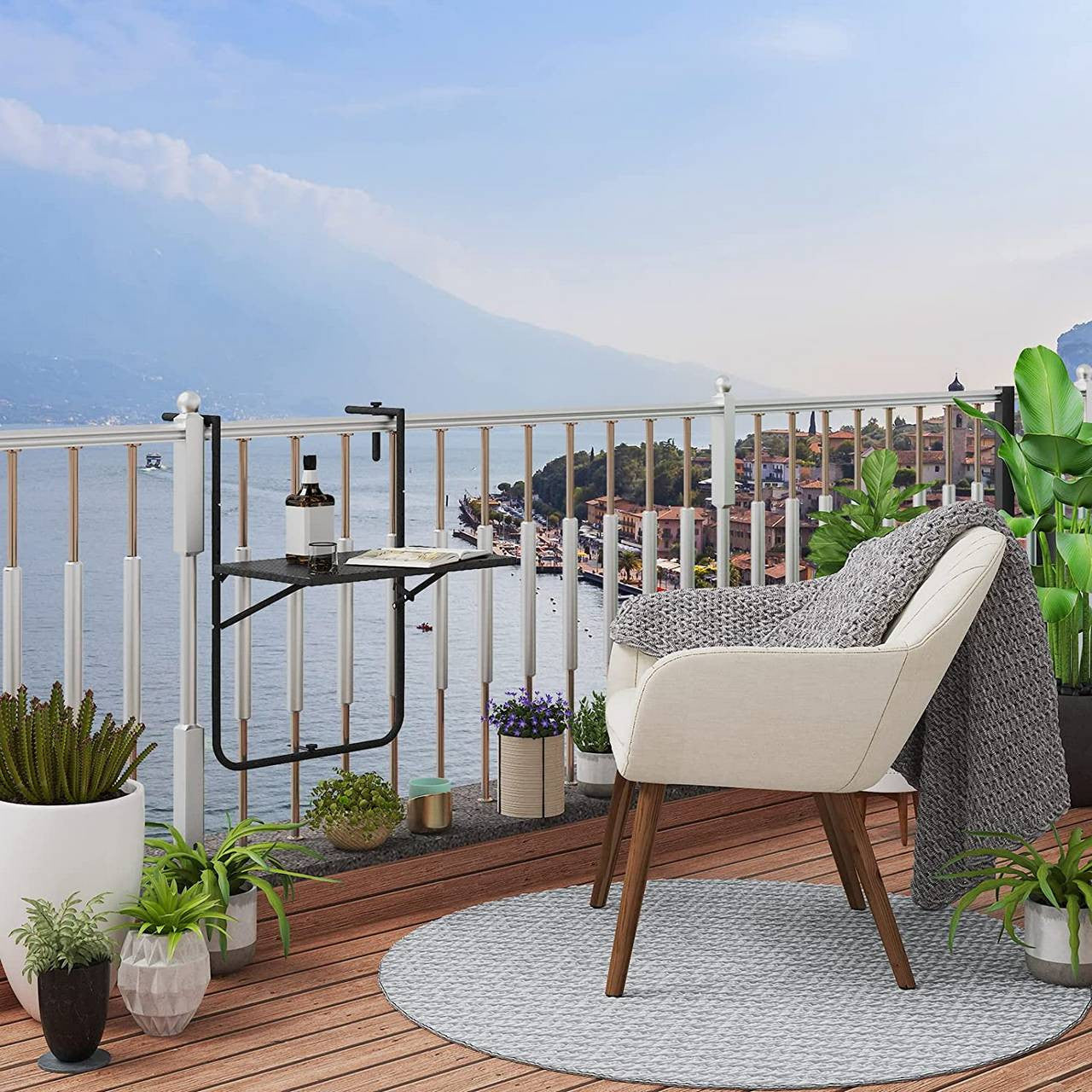 24goodz Foldable Balcony Table - Adjustable Height - Space-Saving Design - PE + Metal - Black - 60 x (74-84,5) x 57 cm - sz