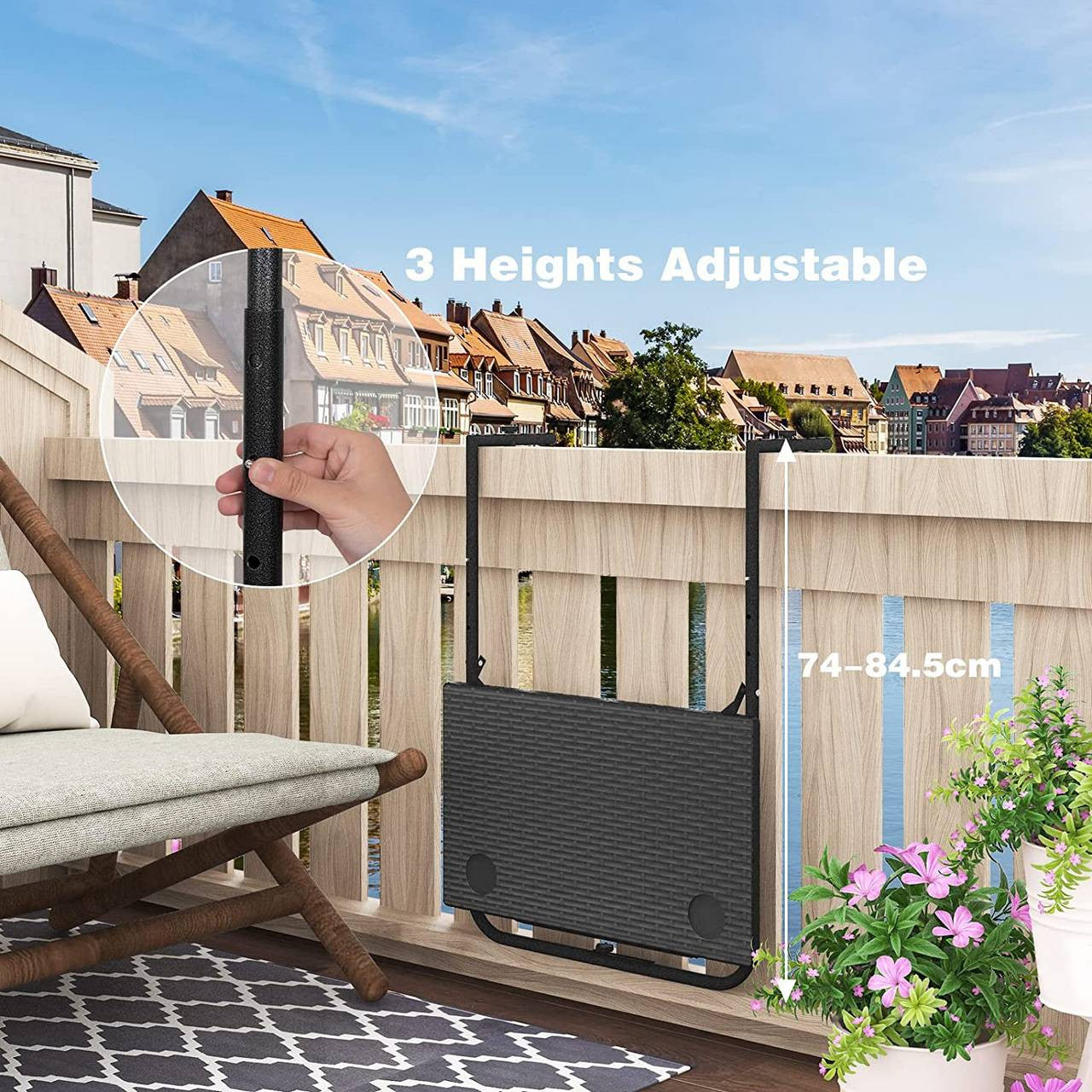 24goodz Foldable Balcony Table - Adjustable Height - Space-Saving Design - PE + Metal - Black - 60 x (74-84,5) x 57 cm - sz