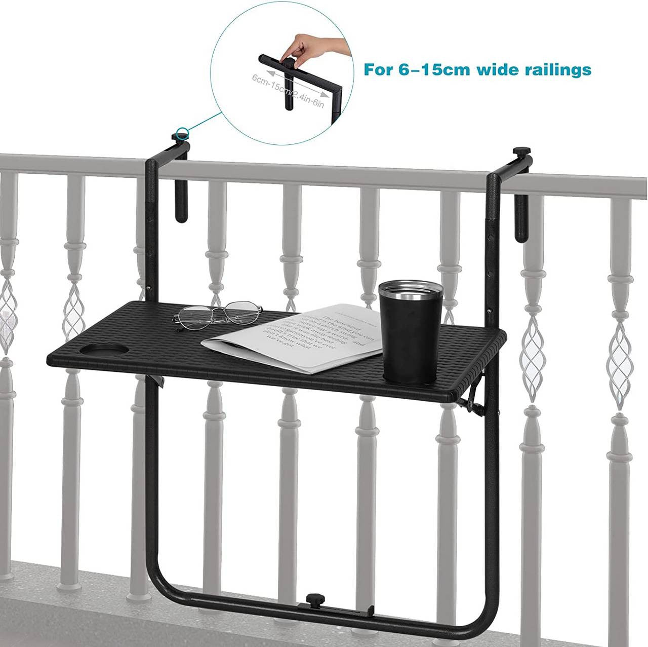 24goodz Foldable Balcony Table - Adjustable Height - Space-Saving Design - PE + Metal - Black - 60 x (74-84,5) x 57 cm - sz