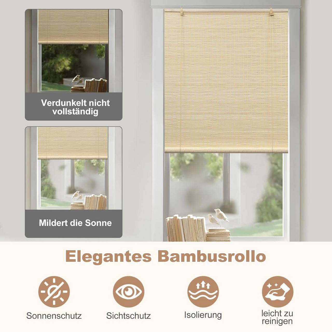 24goodz Bamboo Roller Blind - High-Quality and Durable - 100% Bamboo - For Indoor and Outdoor Use - Natural Colour - 100x160 cm