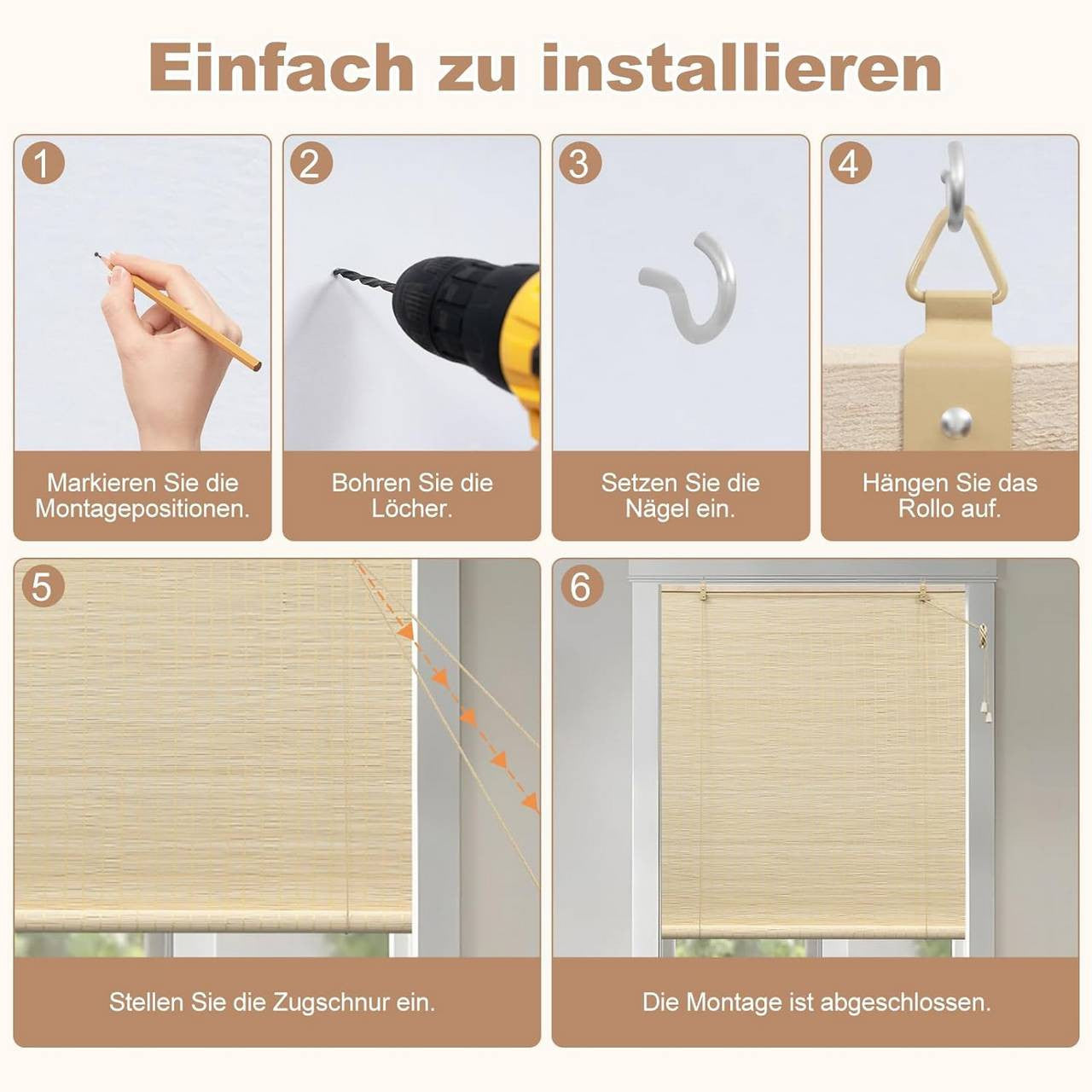 24goodz Bamboo Roller Blind - High-Quality and Durable - 100% Bamboo - For Indoor and Outdoor Use - Natural Colour - 80x160 cm