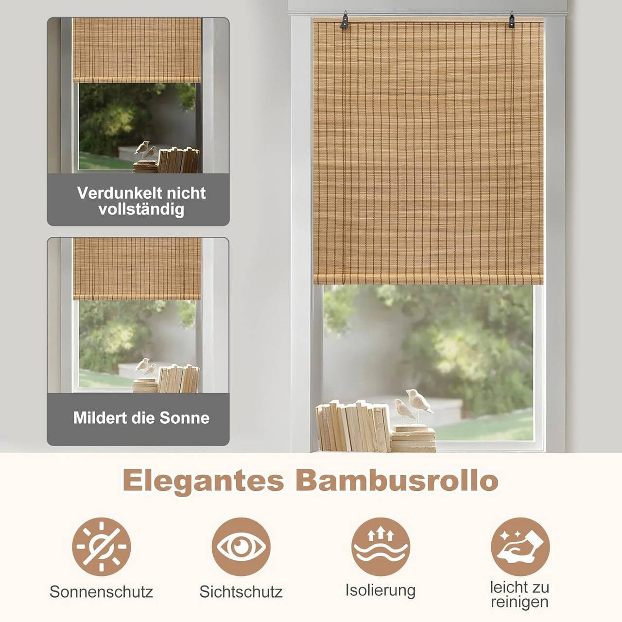 24goodz Bamboo Roller Blind - High-Quality Natural Material - Flexible Installation - Bamboo - For Indoor and Outdoor Use - Brown 90x220cm