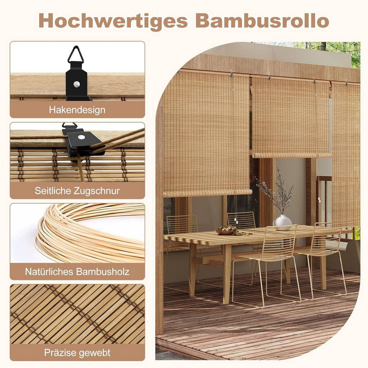 24goodz Bamboo Roller Blind - High-Quality Natural Material - Flexible Installation - Bamboo - For Indoor and Outdoor Use - Brown 90x220cm