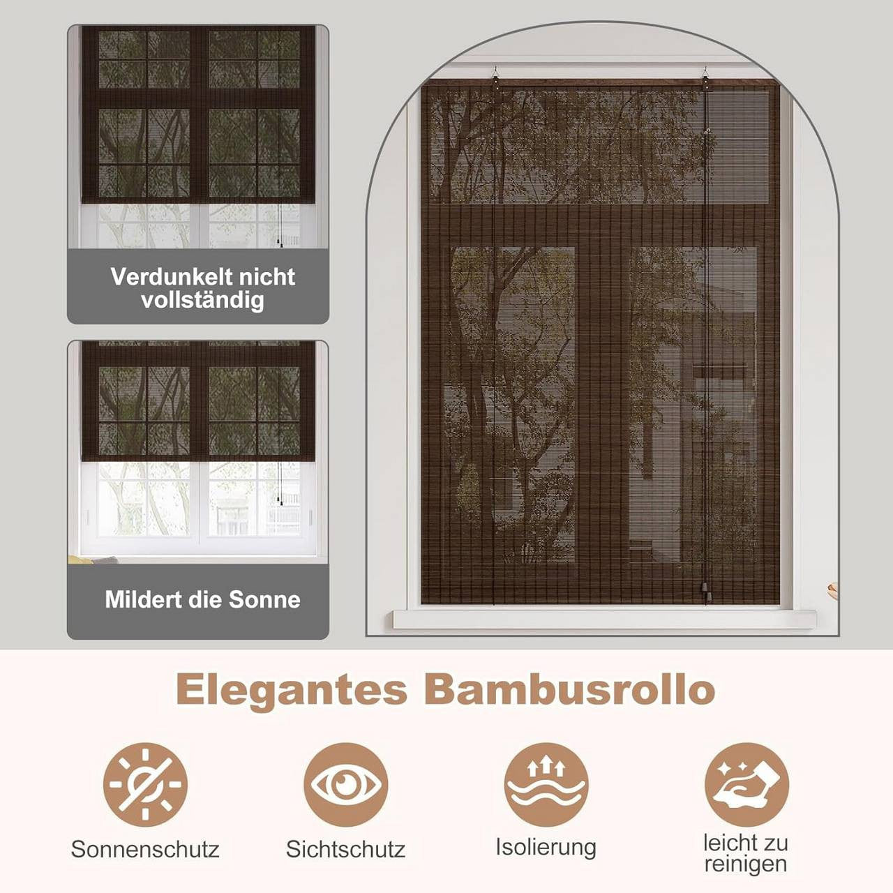 24goodz Bamboo Roller Blind - Stylish Sun Protection - Durable and Adjustable - Bamboo - For Indoor and Outdoor Use - Dark Brown 120x160 cm
