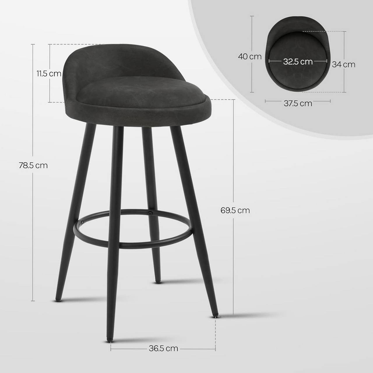 24goodz Bar Stool - Stable and Robust Design - High Comfort - Wood and Faux Leather - For Home Use - Anthracite
