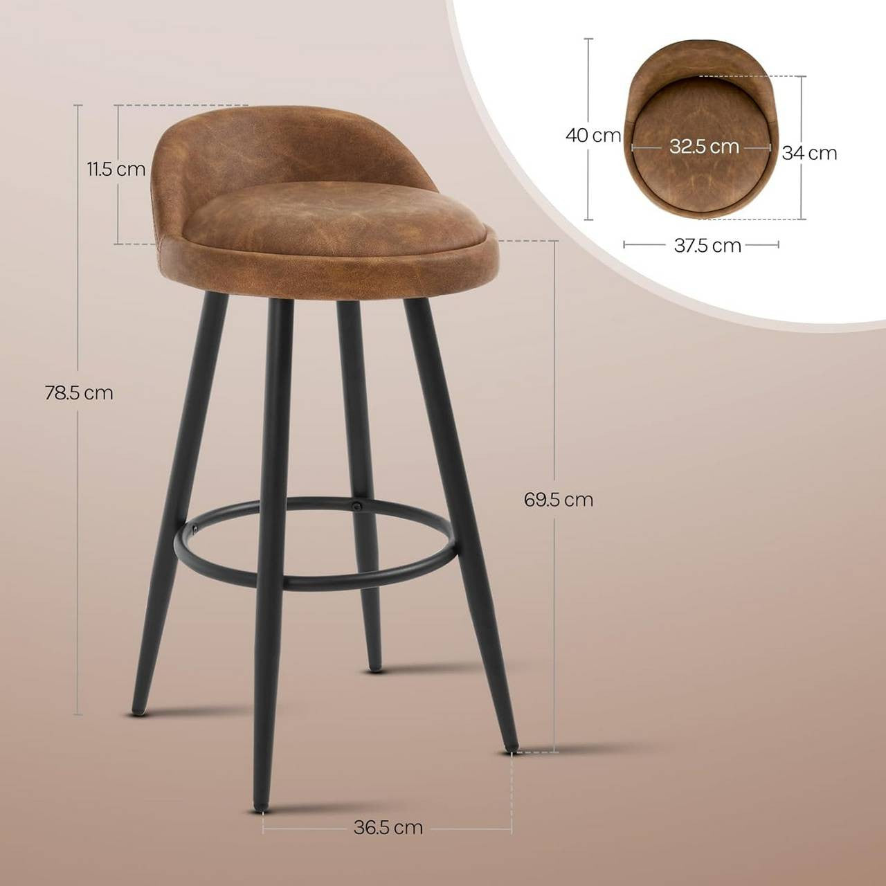 24goodz Bar Stool - Stable and Robust Design - High Comfort - Wood and Faux Leather - For Home Use - Anthracite Brown