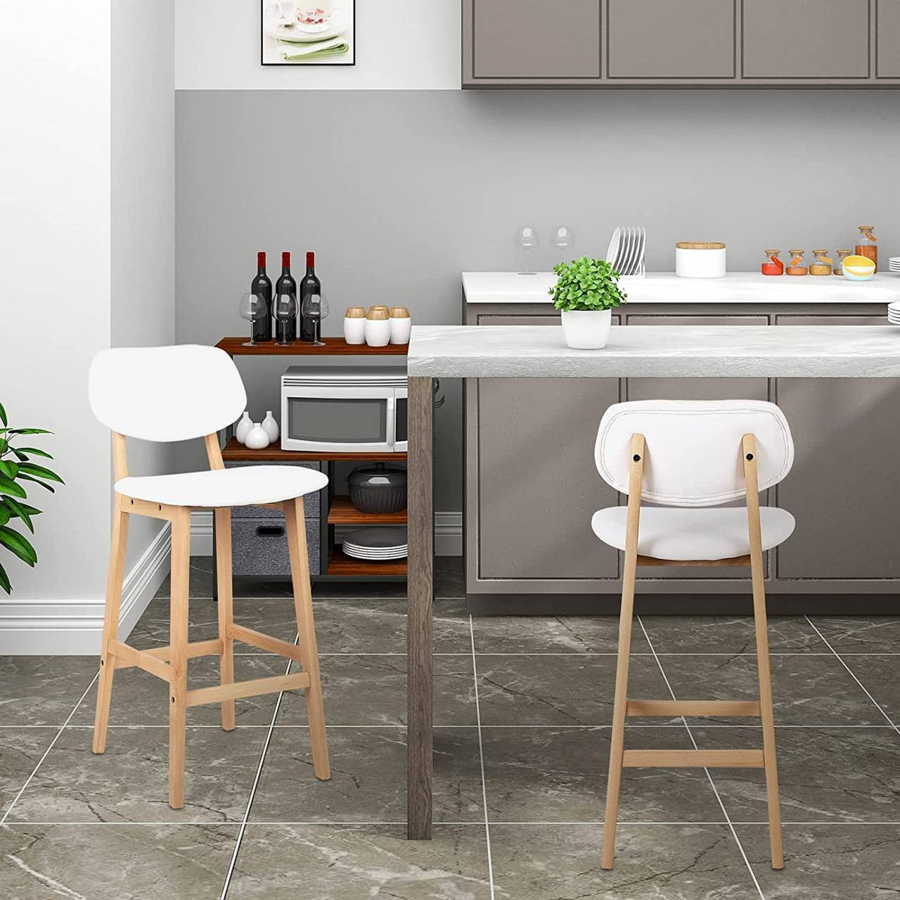 24goodz Set of 2 Bar Stools - Scandinavian Style - Ergonomic Comfort - Faux Leather - White - ws