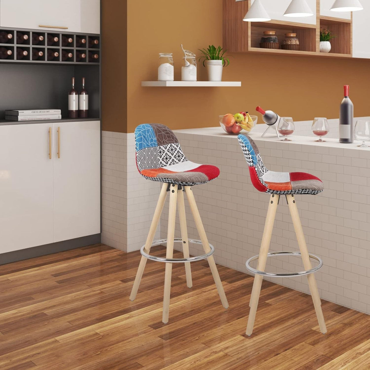 24goodz Set of 2 Bar Stools - Ergonomic Design - Durable Linen Upholstery - Solid Wood - Multi-Functional - Dark Grey + Light Grey + Multi-colour - mf