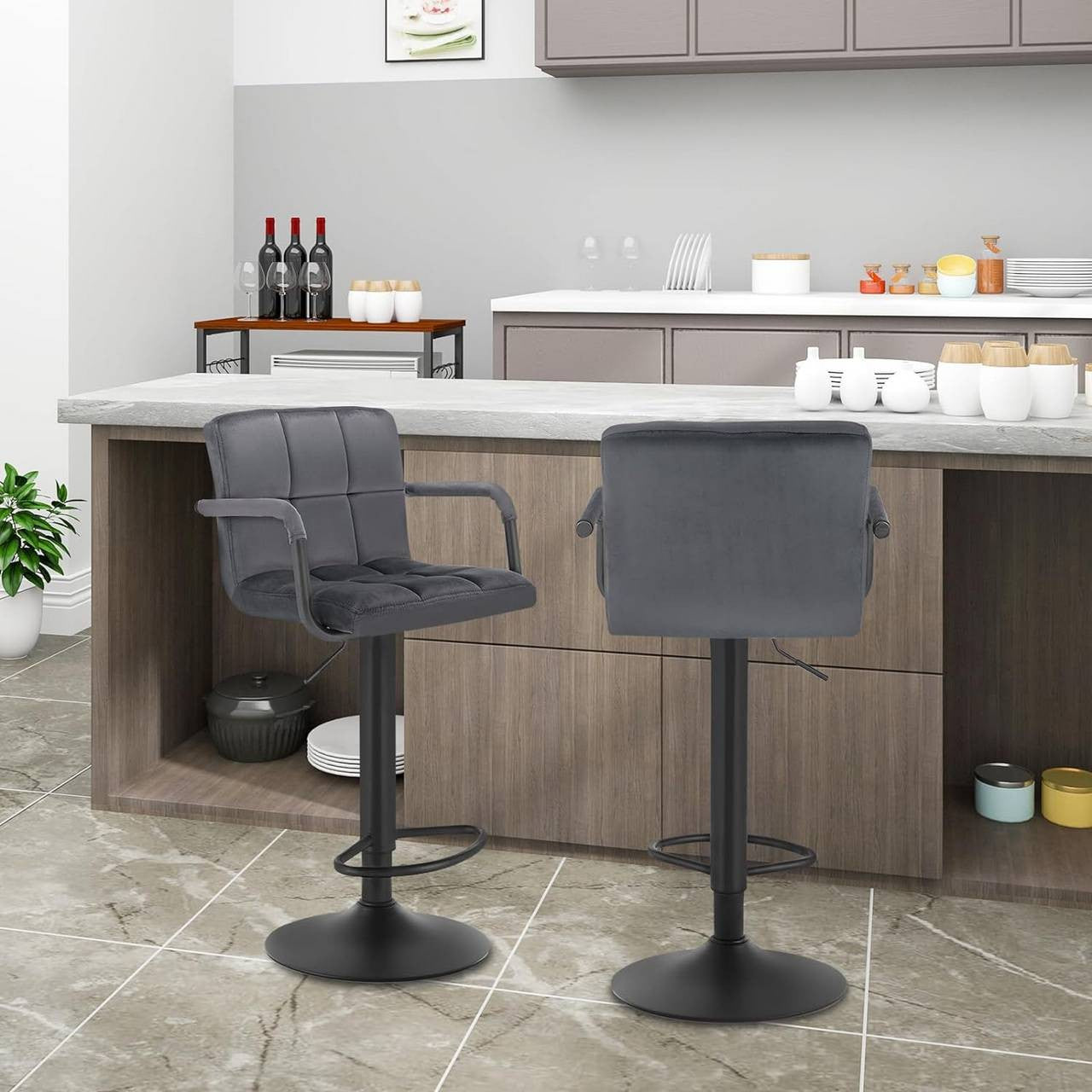 24goodz Velvet Bar Stools Set of 2 - Ergonomic Design - Durable Metal Frame - Velvet - For Home and Bistro Use - Dark Grey - dgr