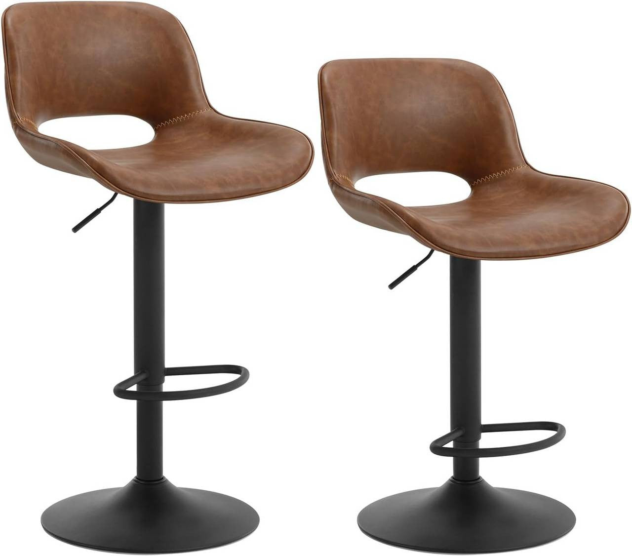 24goodz Adjustable Bar Stool Set of 2 - Ergonomic Design - Sturdy and Safe - Vintage Faux Leather and Metal - Brown/Anthracite