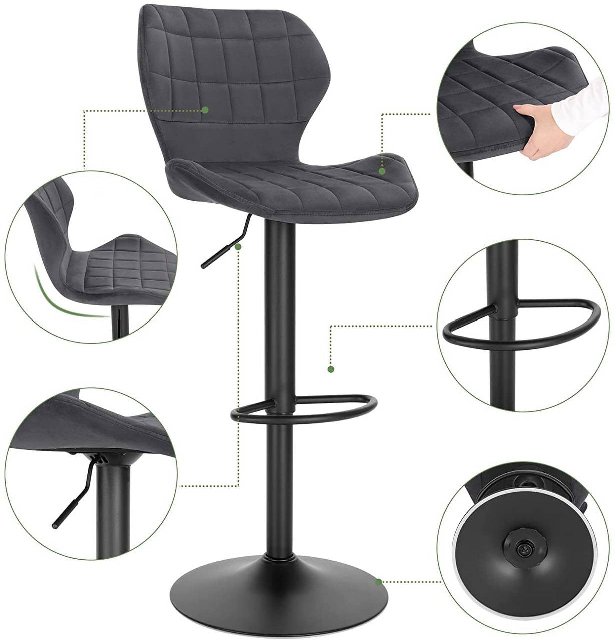 24goodz Velvet Bar Stool - Comfortable and Stylish - Metal Frame - For Home and Bar Use - Dark Grey - dgr