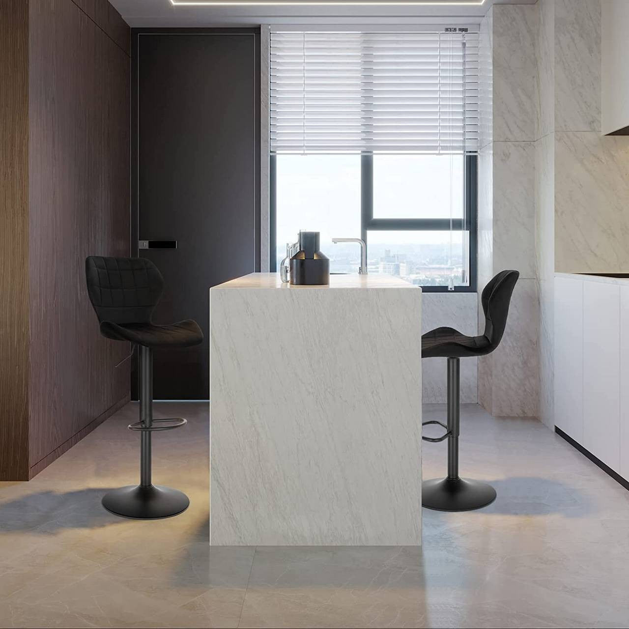 24goodz Adjustable 360° Swivel Bar Stool - Comfortable Seating - Stable Metal Frame - Velvet + Metal - Dark Grey/Black/Dark Green - sz