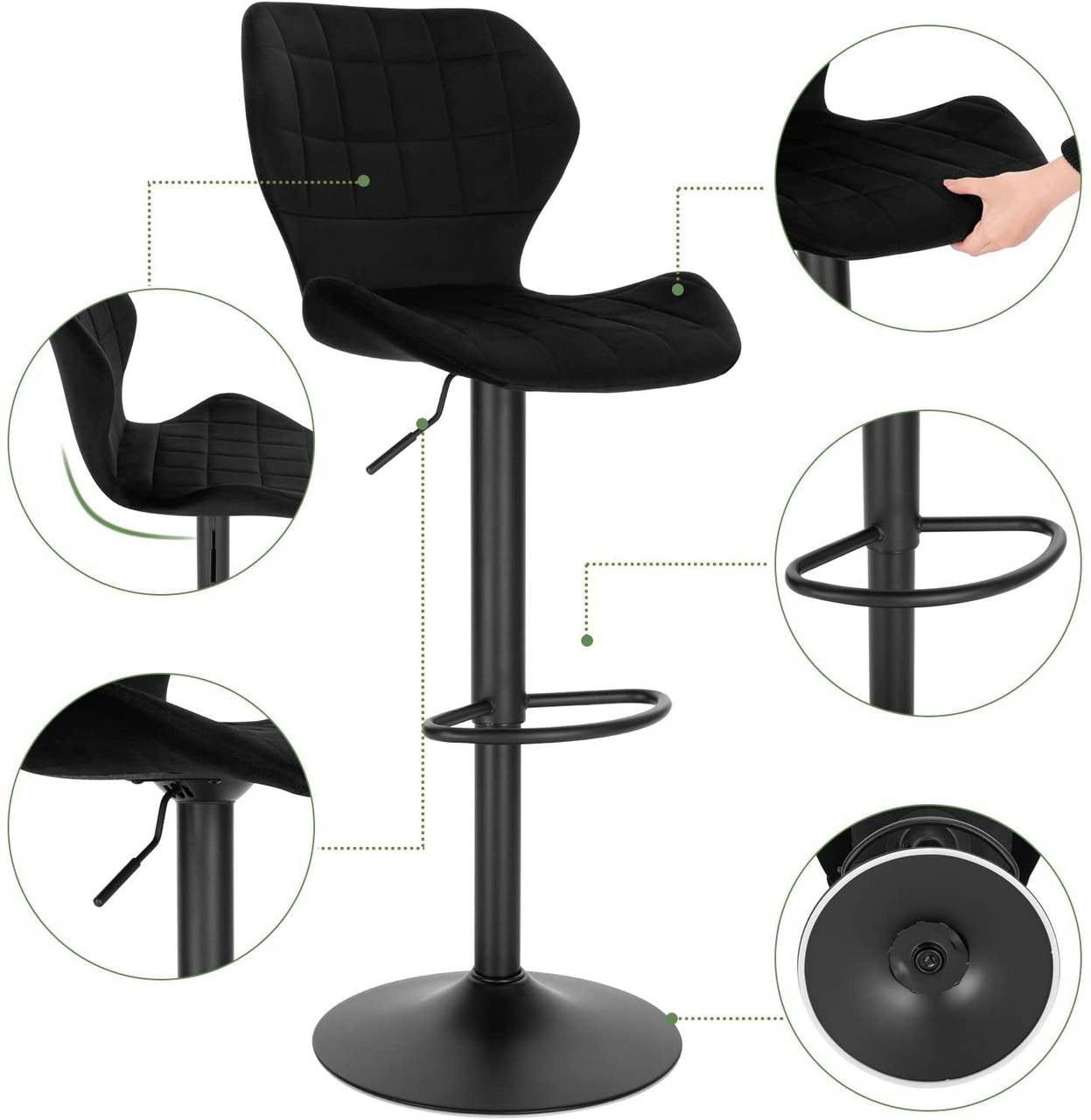 24goodz Adjustable 360° Swivel Bar Stool - Comfortable Seating - Stable Metal Frame - Velvet + Metal - Dark Grey/Black/Dark Green - sz