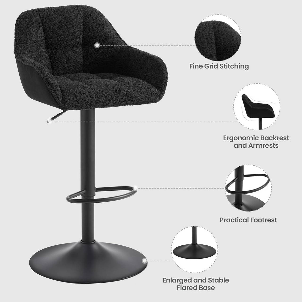 24goodz Adjustable Bar Stool - Double Comfort - 360° Rotatable - Chenille and Metal - Black