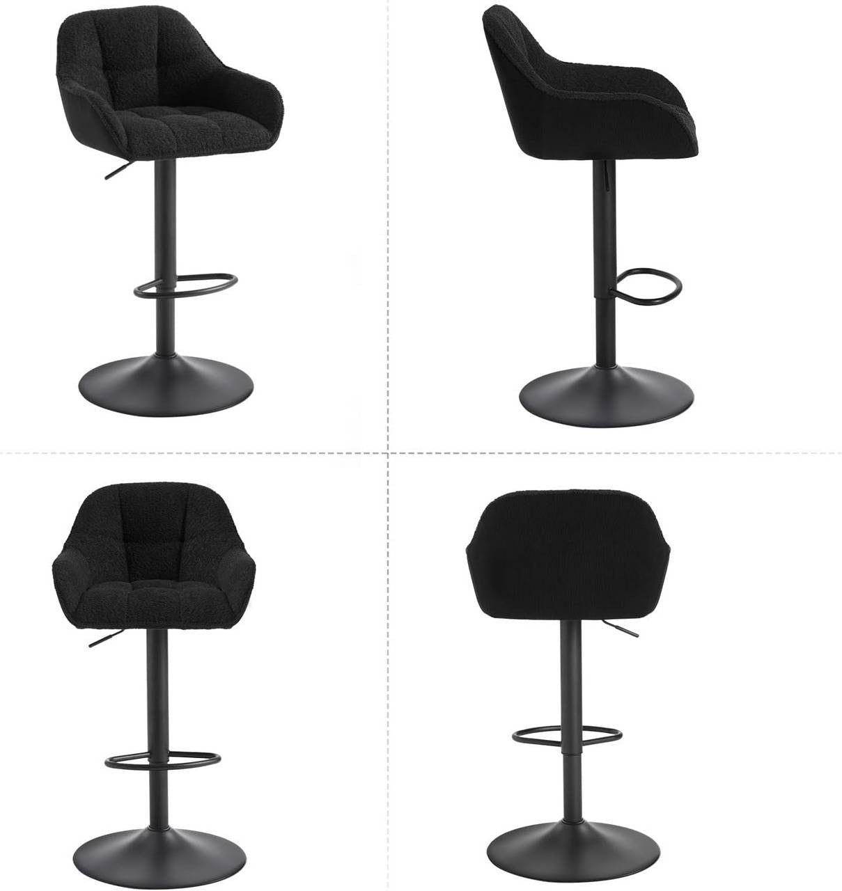 24goodz Adjustable Bar Stool - Double Comfort - 360° Rotatable - Chenille and Metal - Black