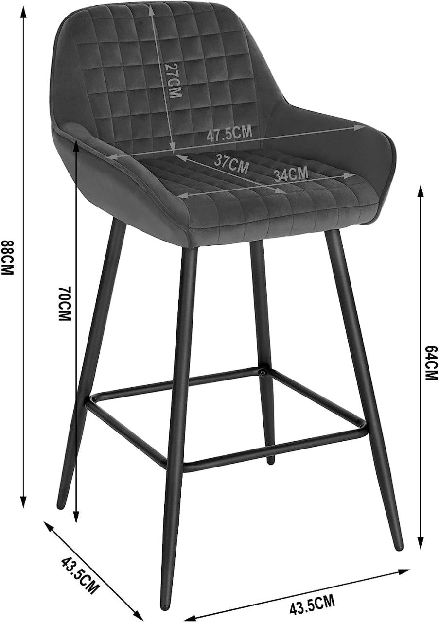 24goodz Velvet Bar Stool with Armrests - Comfortable & Ergonomic - Sturdy and Robust - Velvet + Metal Frame - Dark Grey/Black