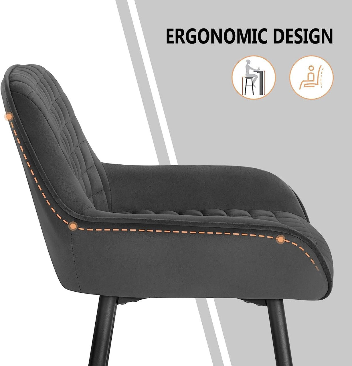 24goodz Velvet Bar Stool with Armrests - Comfortable & Ergonomic - Sturdy and Robust - Velvet + Metal Frame - Dark Grey/Black