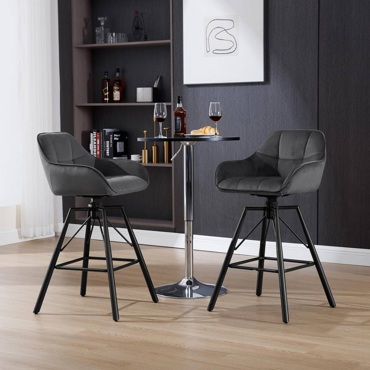 24goodz Velvet Bar Stool Set of 6 - 360° Rotating - High Comfort - Velvet and Metal - Dark Grey - 51 x 94.5 x 53 cm