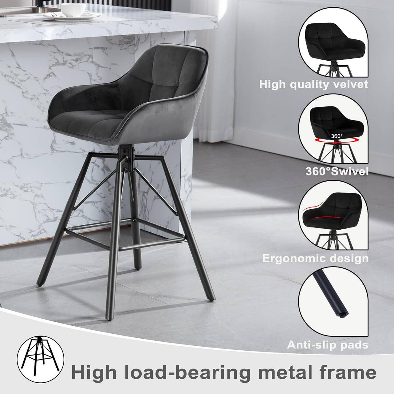 24goodz Velvet Bar Stool Set of 4 - 360° Rotating Design - High Comfort - Metal + Velvet - For Home and Office - Dark Grey