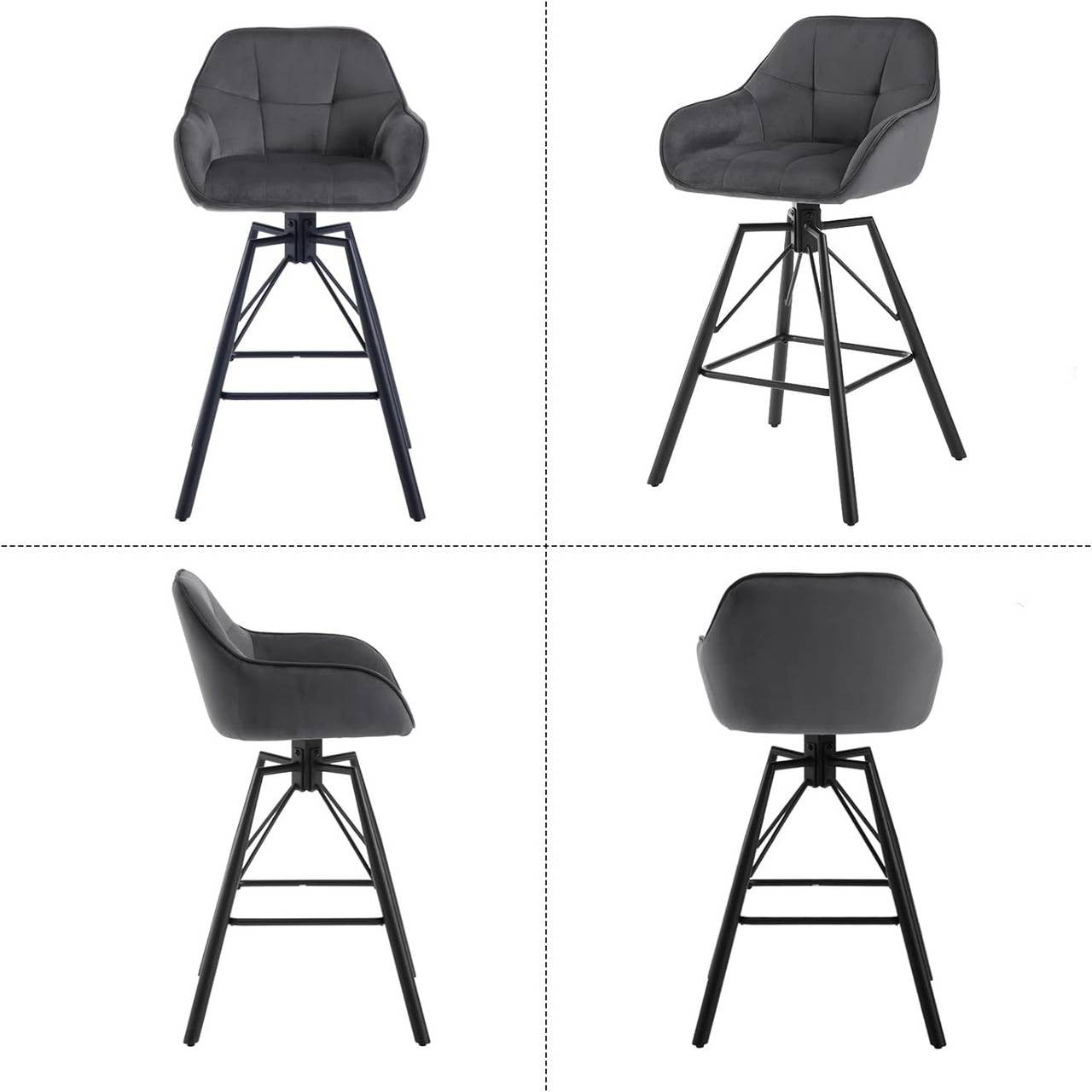 24goodz Velvet Bar Stool Set of 4 - 360° Rotating Design - High Comfort - Metal + Velvet - For Home and Office - Dark Grey