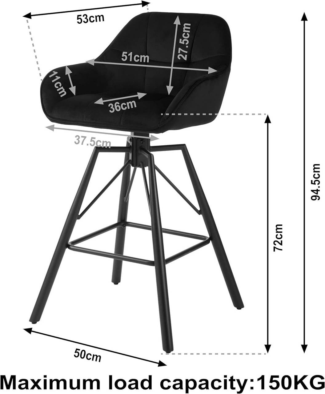 24goodz Velvet Bar Stool Set of 6 - 360° Rotating - High Comfort - Velvet and Metal - Black - 51 x 94.5 x 53 cm