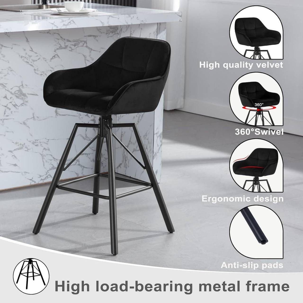 24goodz Velvet Bar Stool Set of 2 - 360° Rotating Comfort - Sturdy Metal Frame - For Home & Office - Black