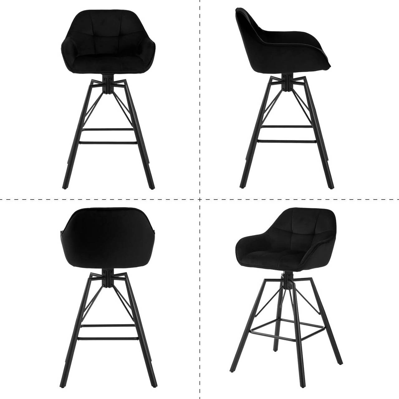 24goodz Velvet Bar Stool Set of 4 - 360° Rotating Design - High Comfort - Velvet and Metal - Black - 51 x 94.5 x 53 cm