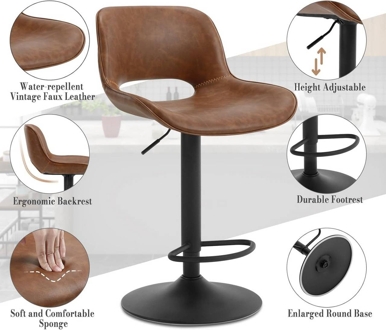 24goodz Adjustable Bar Stool Set of 4 - Ergonomic Design - Durable and Stylish - Vintage Faux Leather and Metal - Brown/Anthracite