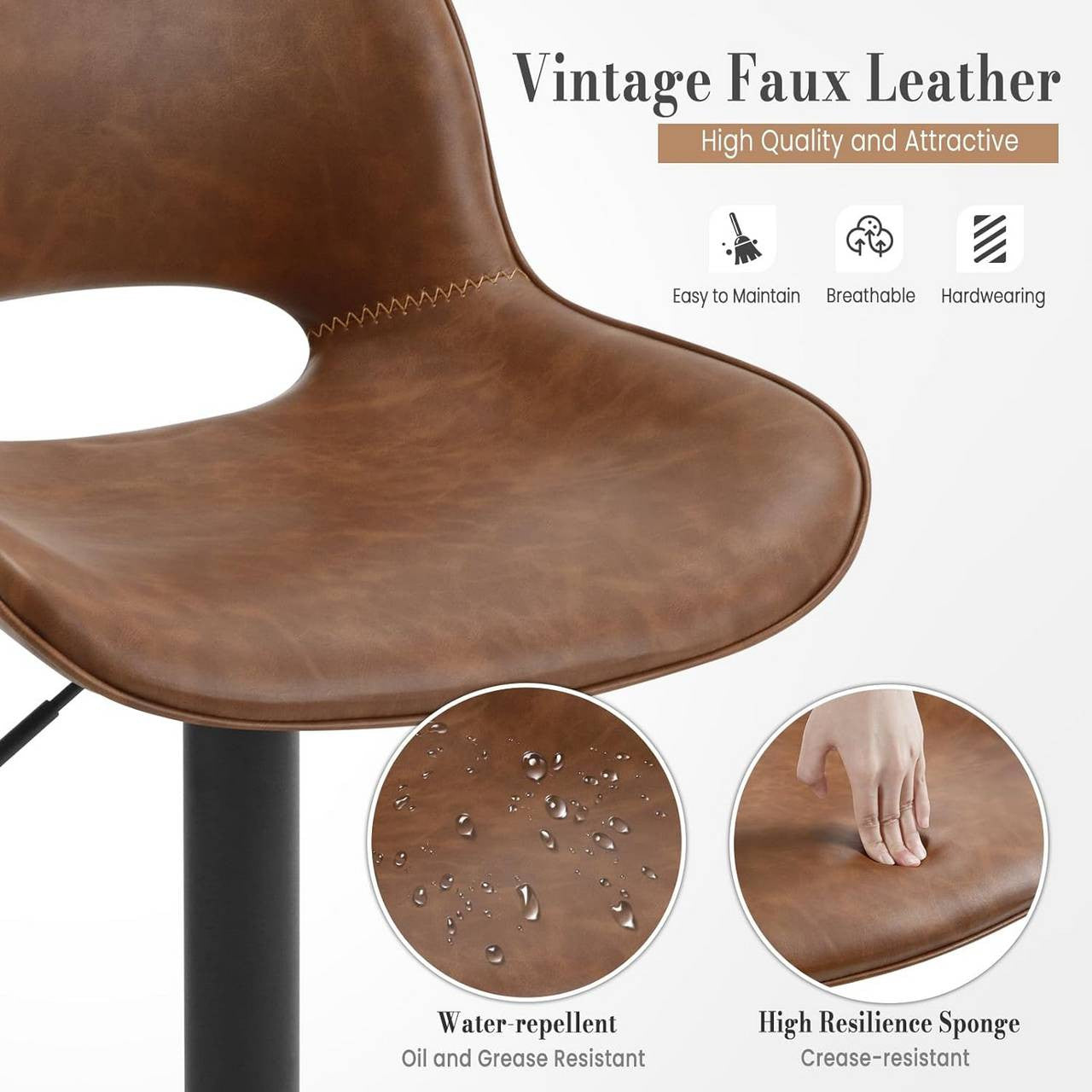 24goodz Adjustable Bar Stool Set of 4 - Ergonomic Design - Durable and Stylish - Vintage Faux Leather and Metal - Brown/Anthracite