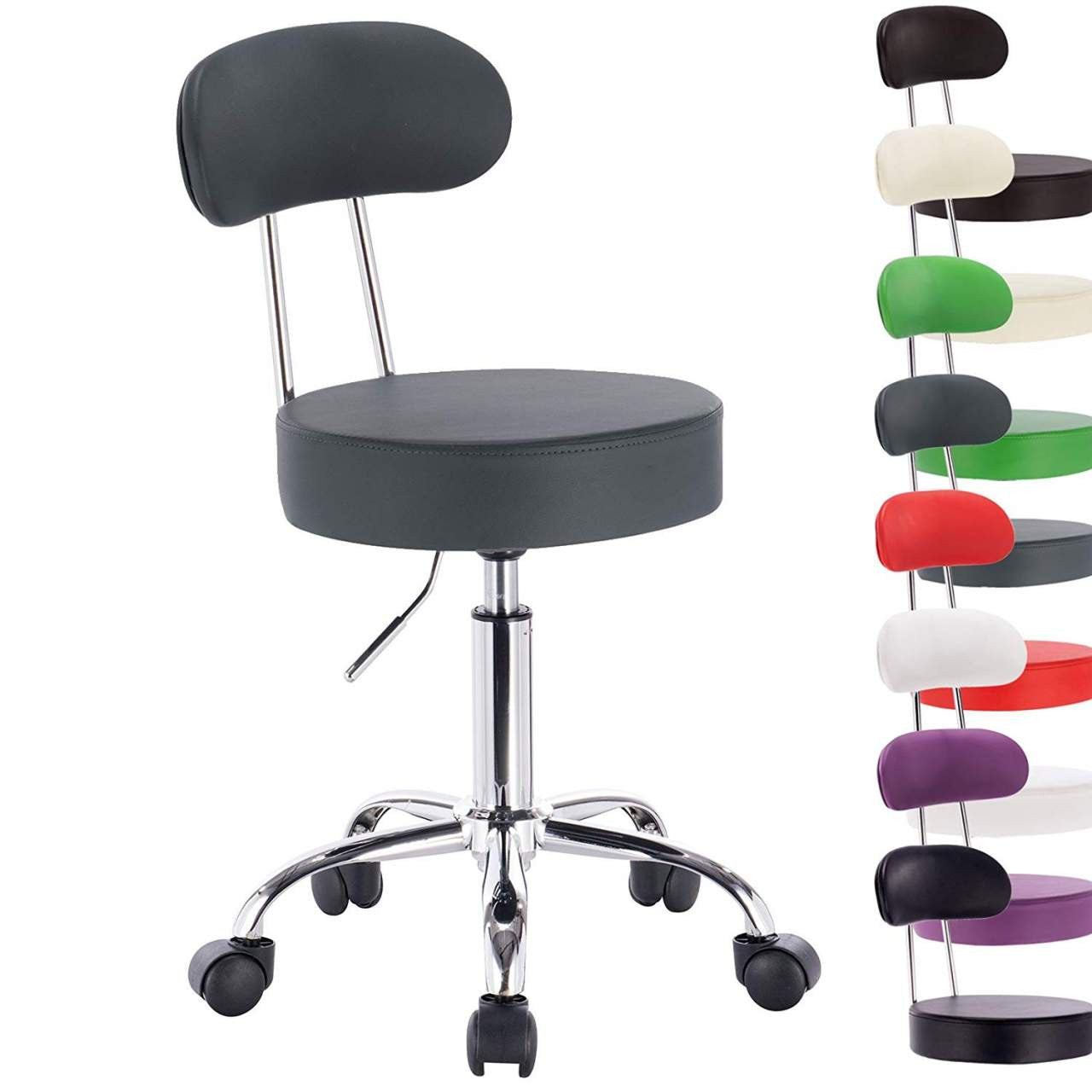 24goodz Rolling Stool with Backrest - Ergonomic Design - High-Quality Materials - Faux Leather - Grey