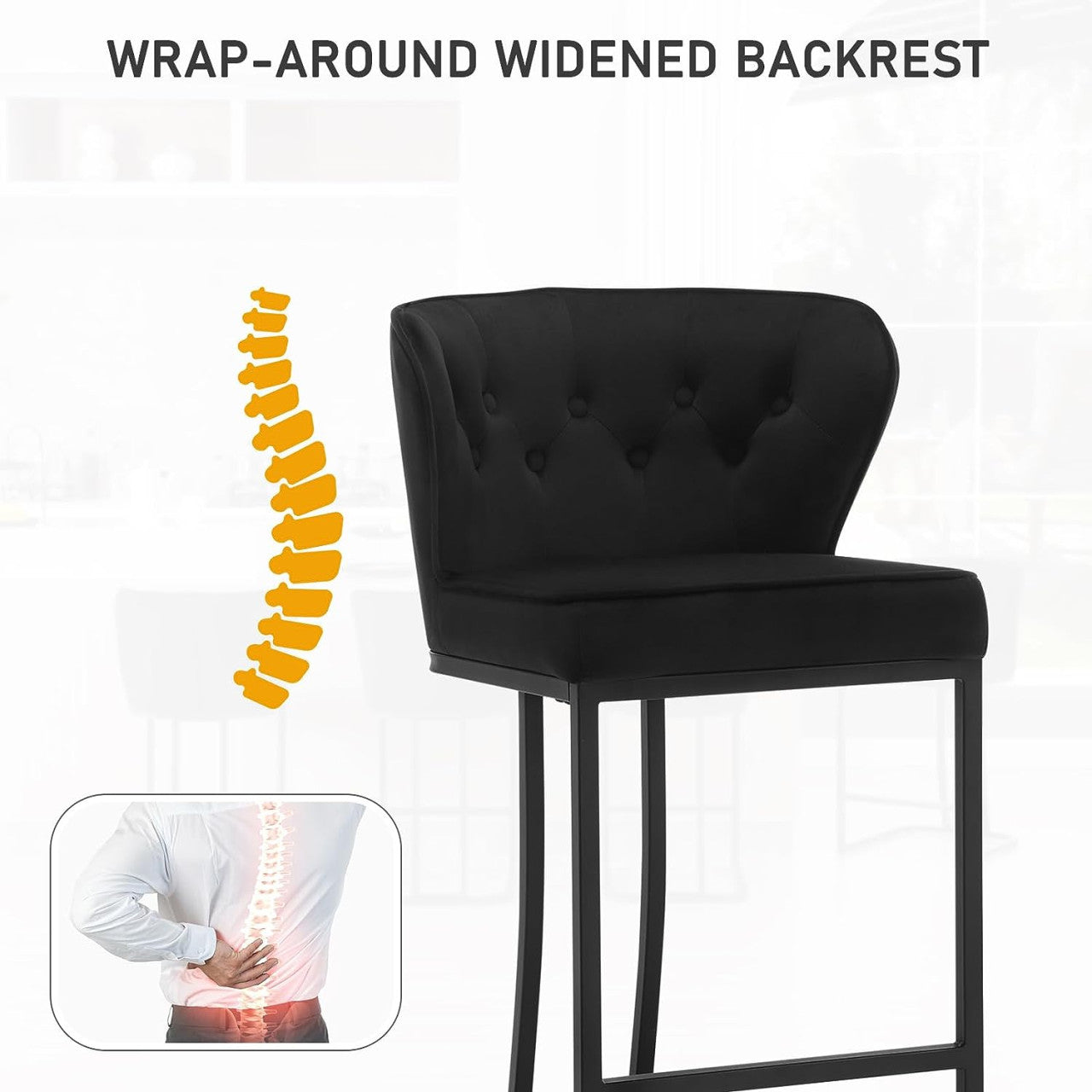 24goodz Velvet Bar Stool with Backrest - Comfortable and Breathable - Metal Frame - For Home and Bistro - Dark Grey/Black