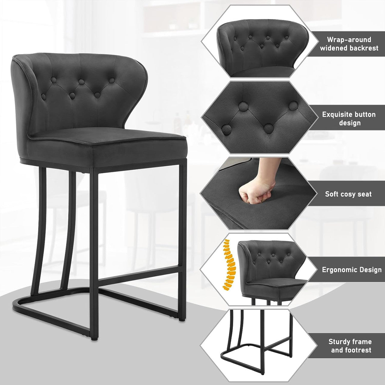 24goodz Velvet Bar Stool with Backrest - Comfortable and Stylish - Metal Frame - For Home and Café - Dark Grey/Black